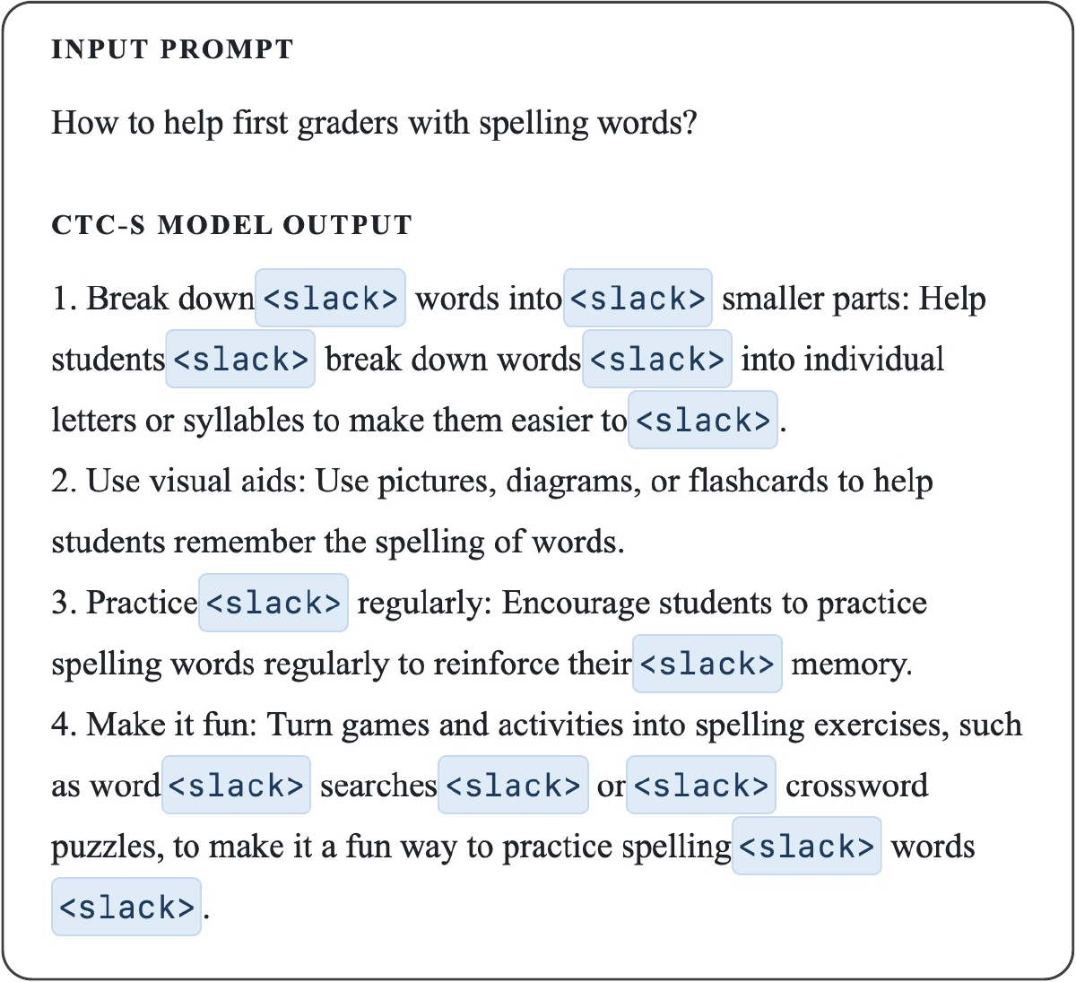 Example output of the CE + CTC-S model with <slack> tokens placed between words